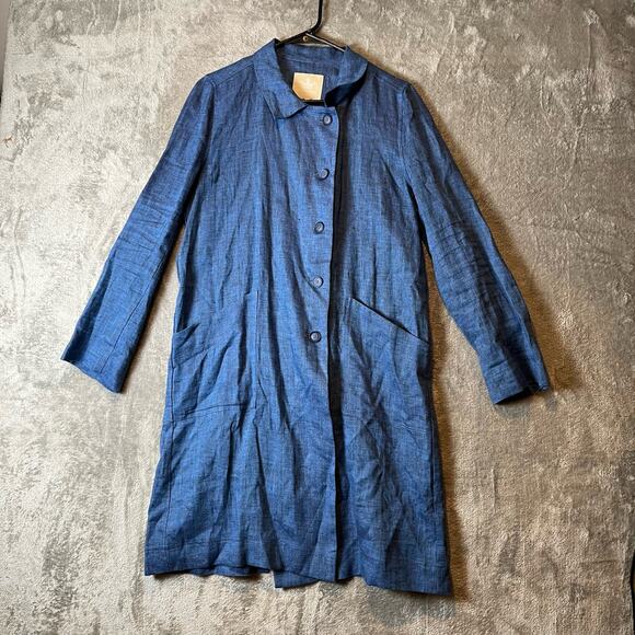 Crown Linen Designs‎ Women’s 100% Linen Long Jacket Sz Small Blue - Picture 1 of 7